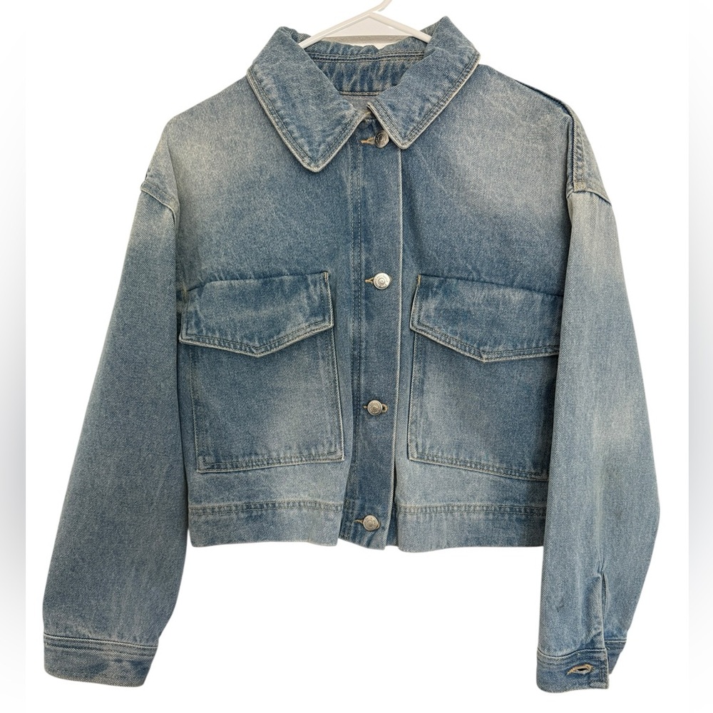 Cropped Washed Denim Jacket - Blue